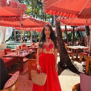 Red Embroidered Floral Top with Flowing Red Skirt